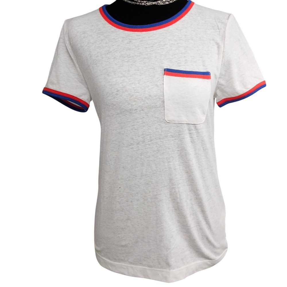J.Crew Womens Ringer T-Shirt White Red Blue Patriotic Pocket Tee Small NEW